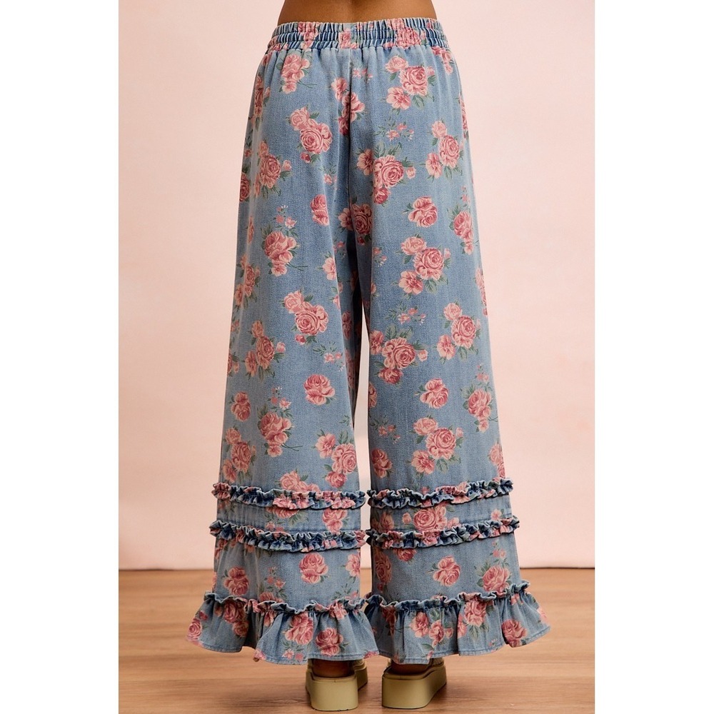 BiBi Washed Floral Denim With Ruffle Elastic Wide Pants - Small - Picture 3 of 16